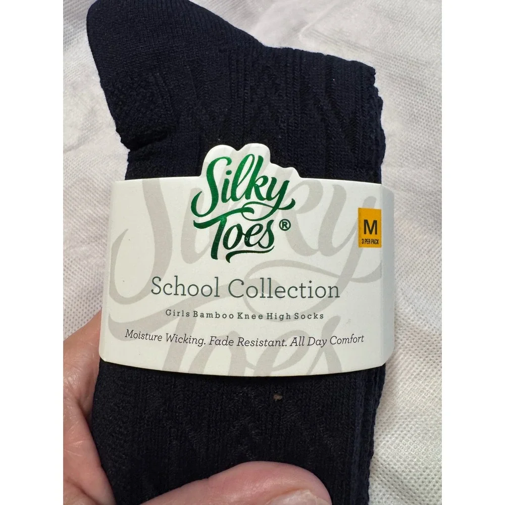 Silky Toes Girls Bamboo Knee High Socks 3 Pack Navy Blue School Coll Size M